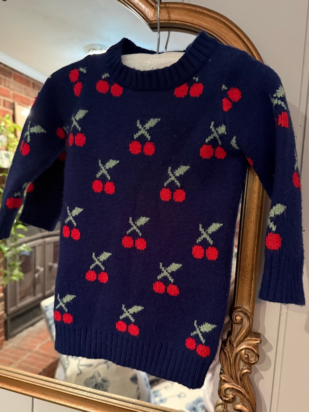Girls Navy Cherry Knit Sweater - Red Cherry Pattern